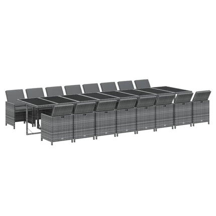 Set da Pranzo da Giardino 17pz con Cuscini Grigio in Polyrattan
