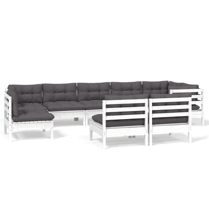 Set Divani da Giardino 9 pz con Cuscini Bianchi Legno di Pino