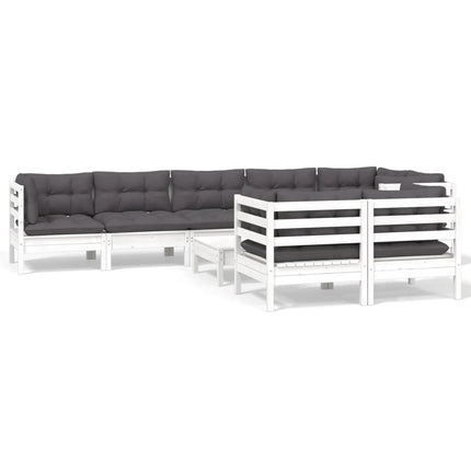 Set Divani da Giardino 9 pz con Cuscini Bianchi Legno di Pino
