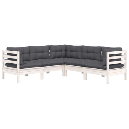 Set Divani da Giardino 5 pz con Cuscini Bianchi Legno di Pino