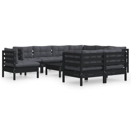 Set Divani da Giardino 10 pz con Cuscini Neri Legno di Pino