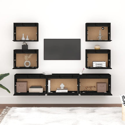Mobili Porta TV 7 pz Neri in Legno Massello di Pino