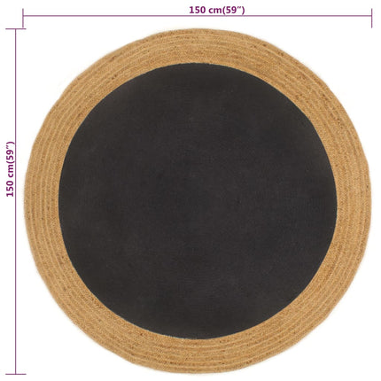 Tappeto Intrecciato Nero e Naturale 150cm Juta e Cotone Rotondo