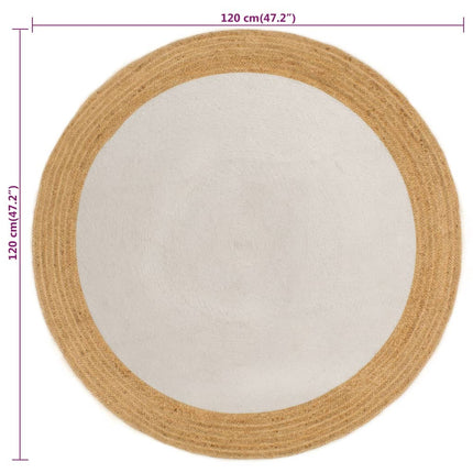 Tappeto Intrecciato Bianco e Naturale 120cm Juta Cotone Rotondo
