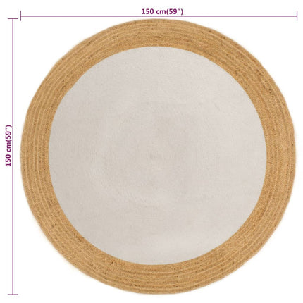 Tappeto Intrecciato Bianco e Naturale 150cm Juta Cotone Rotondo