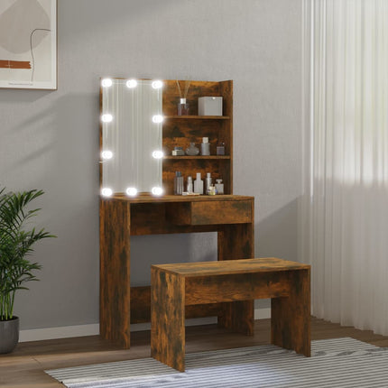 Set Tavolo da Toeletta con LED Rovere Fumo in Legno Multistrato