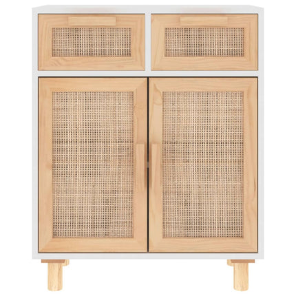 Credenza Bianca 60x30x75 cm Legno Massello Pino Rattan Naturale