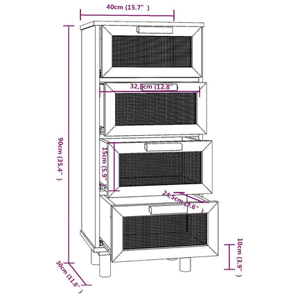 Credenza Bianca 40x30x90cm Legno Massello Pino Rattan Naturale