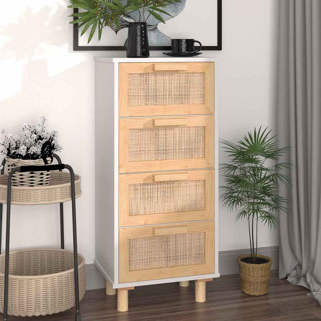 Credenza Bianca 40x30x90cm Legno Massello Pino Rattan Naturale