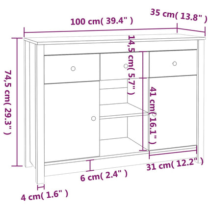 Credenza Bianca 100x35x74,5 cm in Legno Massello di Pino
