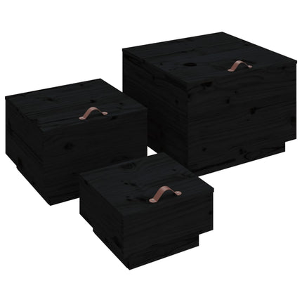 Contenitori Portaoggetti Coperchi 3pz Neri Legno Massello Pino