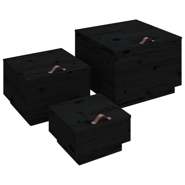 Contenitori Portaoggetti Coperchi 3pz Neri Legno Massello Pino