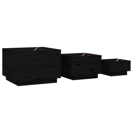 Contenitori Portaoggetti Coperchi 3pz Neri Legno Massello Pino