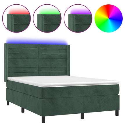 Letto a Molle con Materasso e LED Verde Scuro 140x190cm Velluto