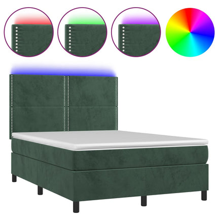 Letto a Molle con Materasso e LED Verde Scuro 140x200cm Velluto