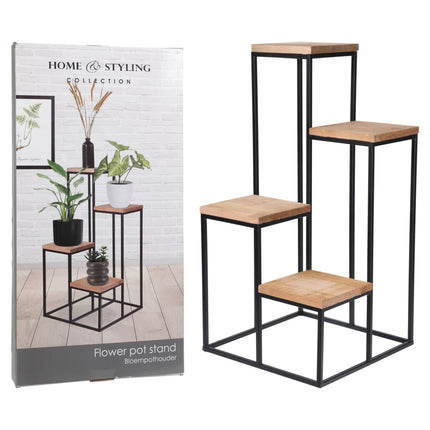 Home&Styling Supporto per Piante con 4 Ripiani Naturale e Nero