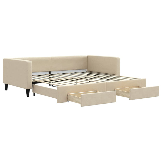 Divano Letto Estraibile con Cassetti Crema 100x200cm in Tessuto