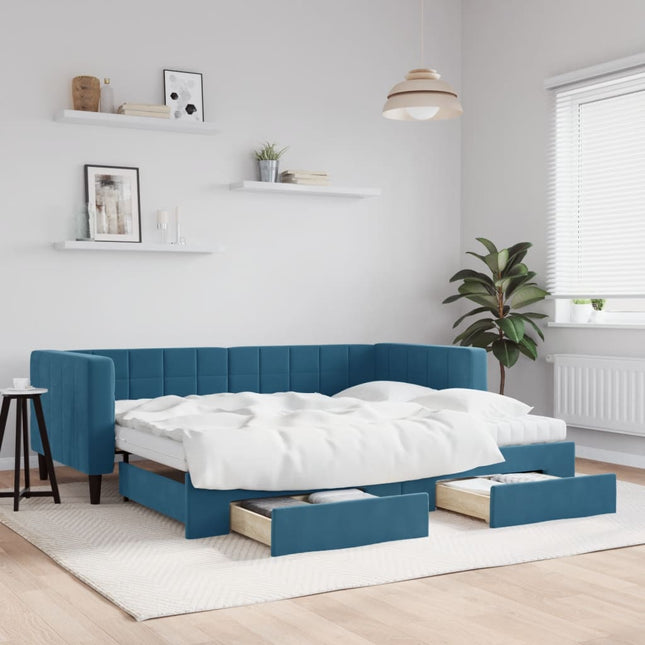 Divano Letto Estraibile con Cassetti Blu 90x200 cm in Velluto