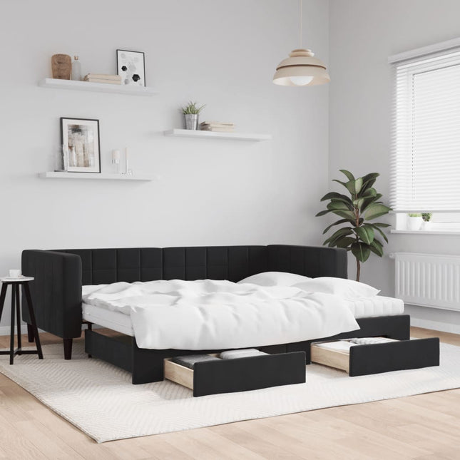 Divano Letto Estraibile con Cassetti Nero 90x190 cm in Velluto