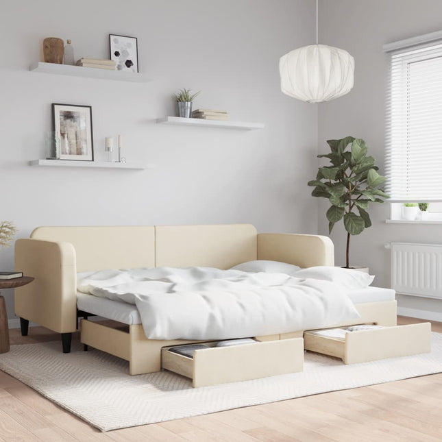 Divano Letto Estraibile con Cassetti Crema 80x200 cm in Tessuto