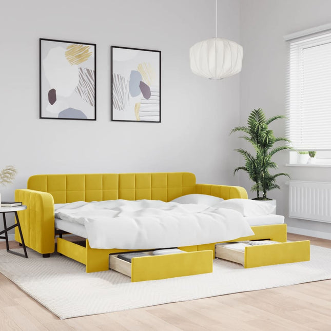Divano Letto Estraibile con Cassetti Giallo 80x200cm in Velluto