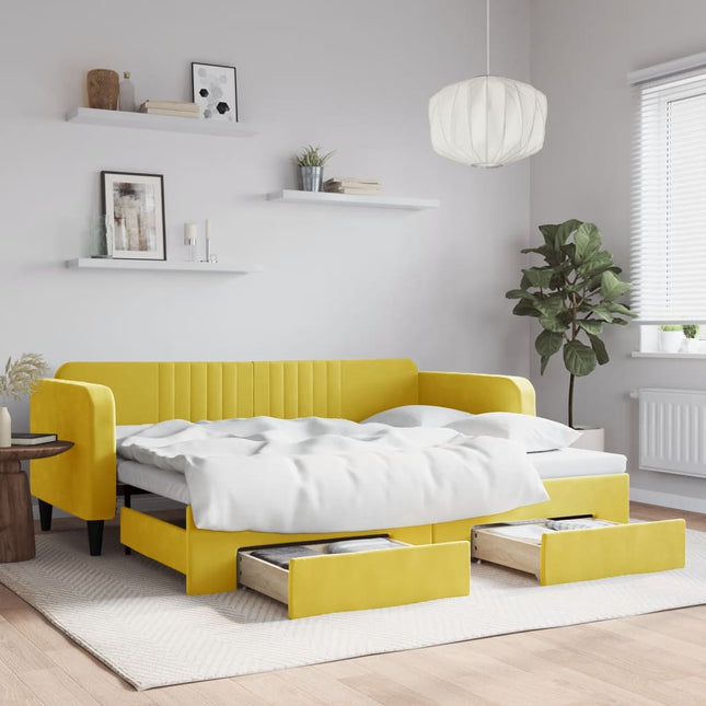 Divano Letto Estraibile con Cassetti Giallo 90x200cm in Velluto