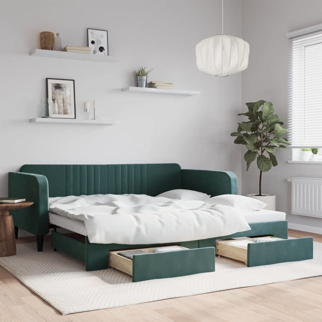 Divano Letto Estraibile Cassetti Verde Scuro 100x200cm Velluto
