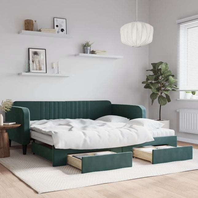 Divano Letto Estraibile Cassetti Verde Scuro 100x200cm Velluto