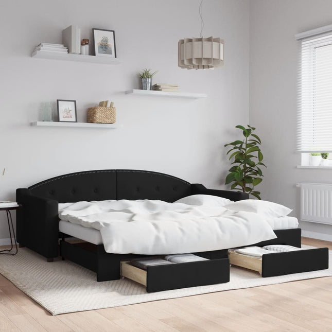 Divano Letto Estraibile con Cassetti Nero 90x190 cm in Tessuto