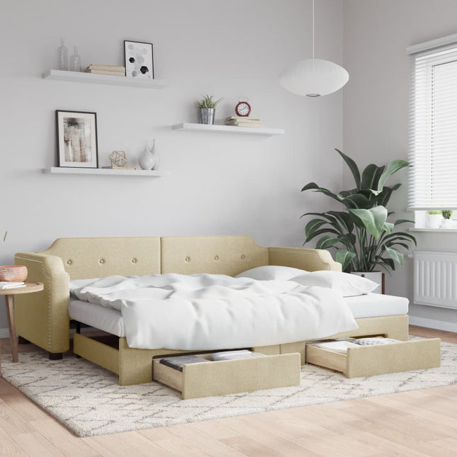 Divano Letto Estraibile con Cassetti Crema 100x200cm in Tessuto