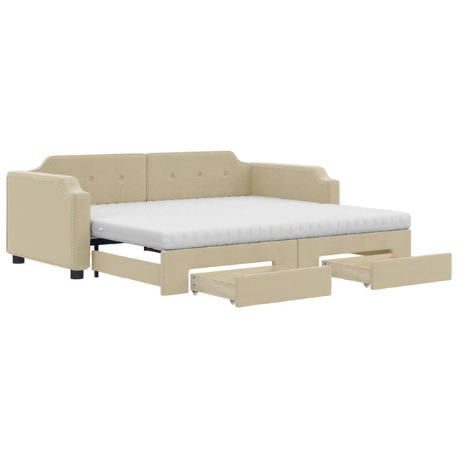 Divano Letto Estraibile con Cassetti Crema 100x200cm in Tessuto