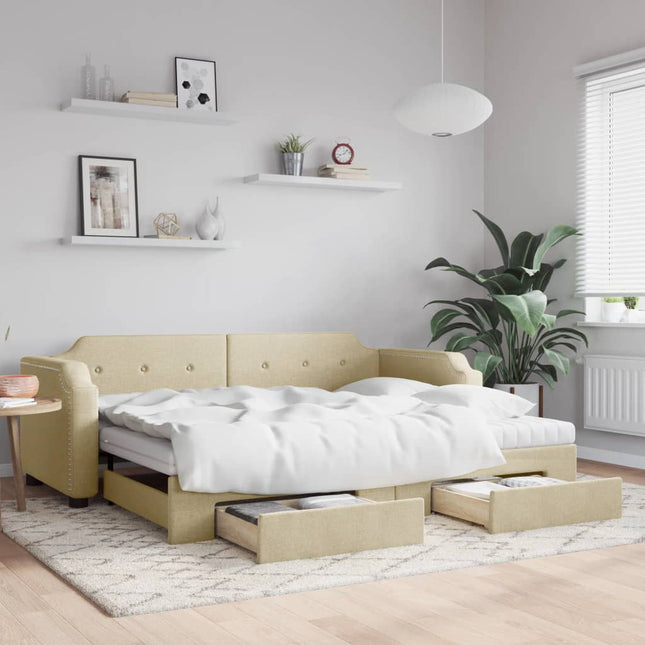 Divano Letto Estraibile con Cassetti Crema 100x200cm in Tessuto