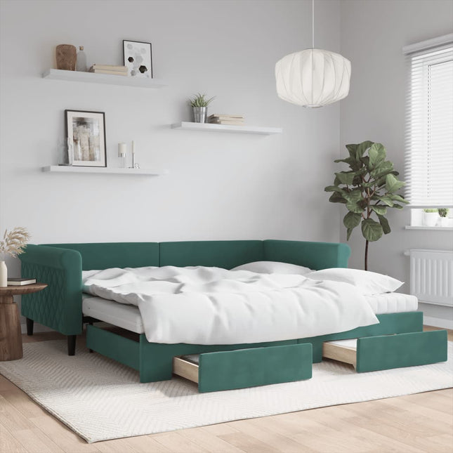 Divano Letto Estraibile Cassetti Verde Scuro 100x200cm Velluto