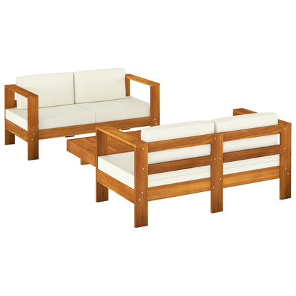 Set Divani Giardino 3 pz Cuscini Bianco Crema in Legno Massello