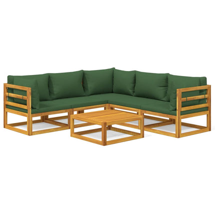 Set Salotto da Giardino 6pz con Cuscini Verdi in Legno Massello