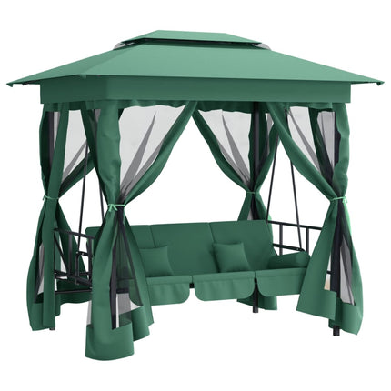 Gazebo con Panca a Dondolo Convertibile Verde Tessuto e Acciaio