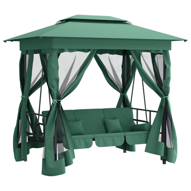 Gazebo con Panca a Dondolo Convertibile Verde Tessuto e Acciaio