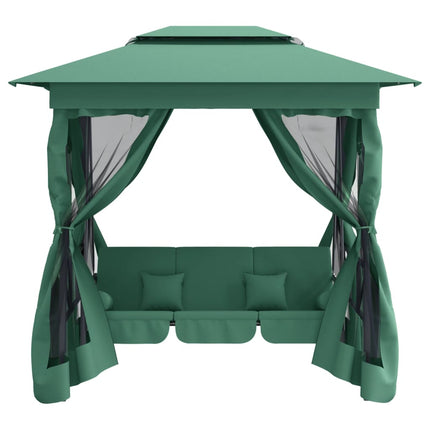 Gazebo con Panca a Dondolo Convertibile Verde Tessuto e Acciaio