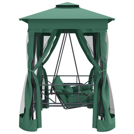 Gazebo con Panca a Dondolo Convertibile Verde Tessuto e Acciaio