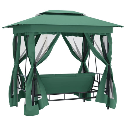 Gazebo con Panca a Dondolo Convertibile Verde Tessuto e Acciaio