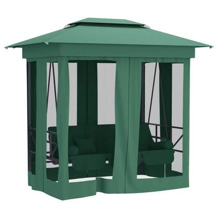 Gazebo con Panca a Dondolo Convertibile Verde Tessuto e Acciaio