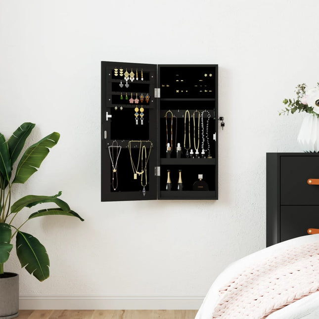 Armadio Portagioie con Specchio a Muro Nero 30x8,5x67 cm