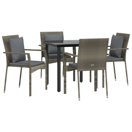 Set da Pranzo Giardino 5pz Nero e Grigio con Cuscini Polyrattan