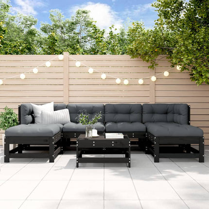 Set Divani da Giardino 7 pz con Cuscini in Legno Massello Nero