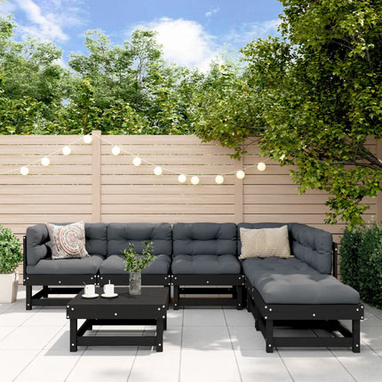 Set Divani da Giardino 7 pz con Cuscini in Legno Massello Nero