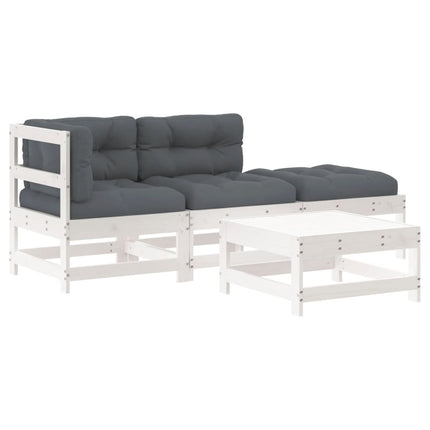 Set Divani da Giardino 4pz con Cuscini in Legno Massello Bianco