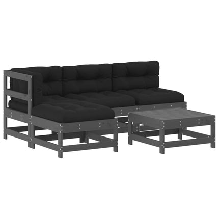 Set Divani da Giardino 5pz con Cuscini in Legno Massello Grigio