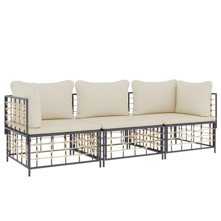 Set Divani da Giardino 3 pz con Cuscini Antracite in Polyrattan