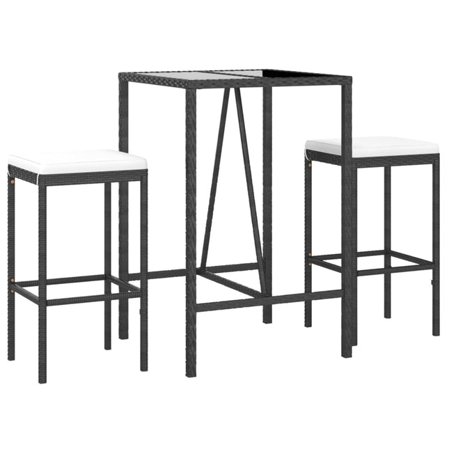 Set Bar da Giardino 3 pz con Cuscini in Polyrattan Nero