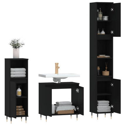 Set di Mobili da Bagno 3 pz Nero in Legno Multistrato
